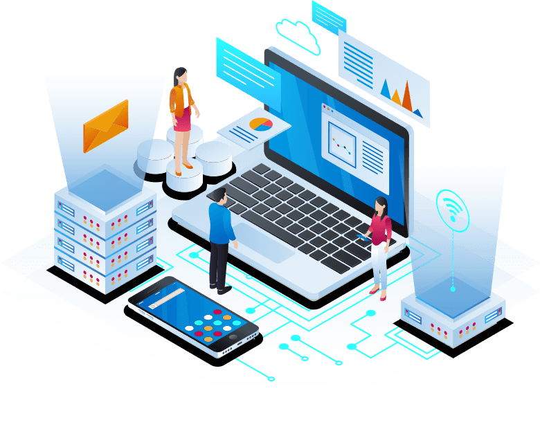 People devices' network with servers and databases