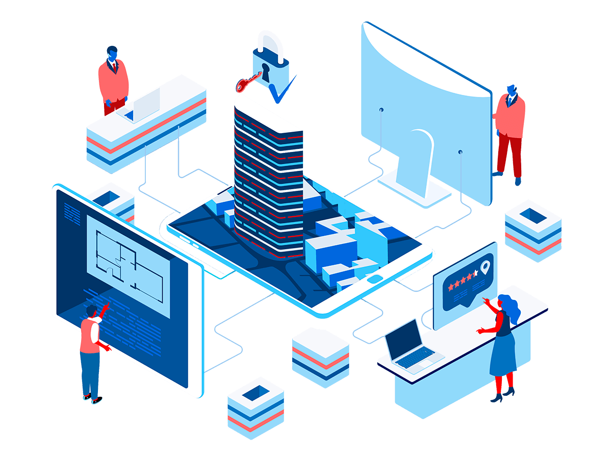 A network of four stations connected with a Blockchain in the middle and servers. Each station is used by a person, and has a computer